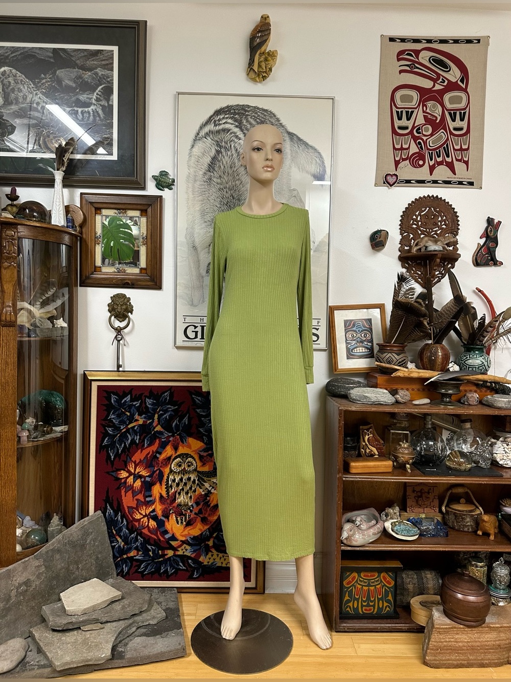 Long Sleeve Ribbed Green Maxi Dress